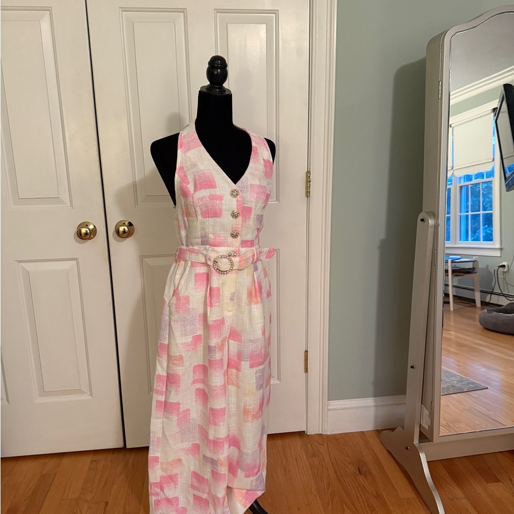 L'ATISTE Pink and White Midi Dress with Belt
